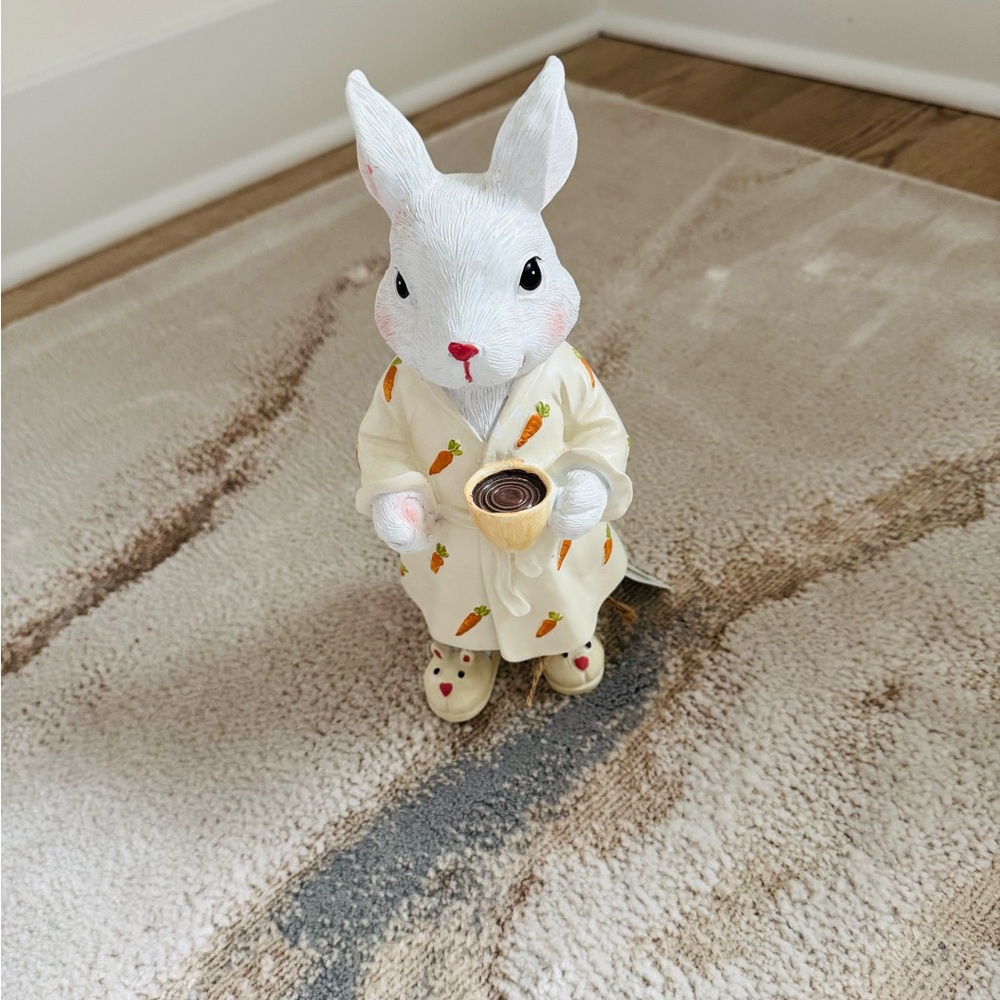 Adorable Easter Bunny Figurine in Yellow Robe with coffee cup NWT